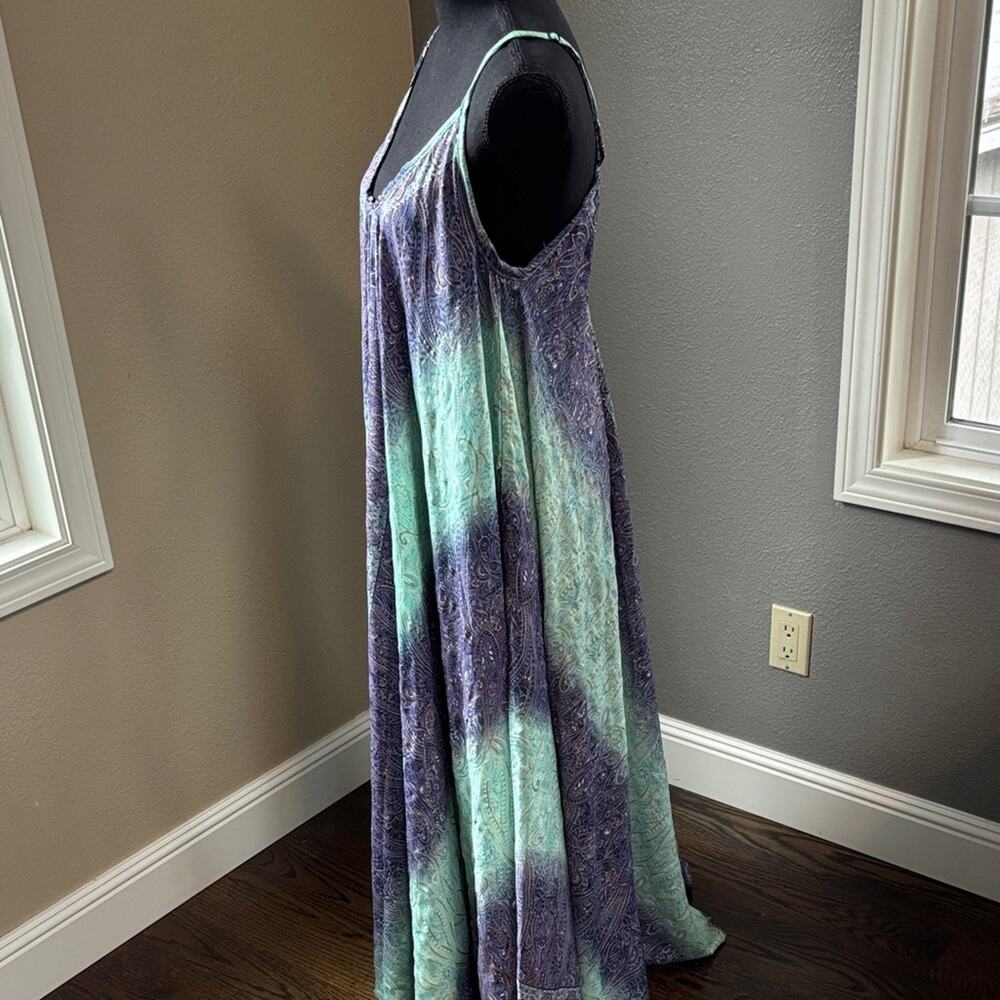 Flowy Bohemian Maxi Dress in Indigo & Mint with Gold Accents - Picture 4 of 7